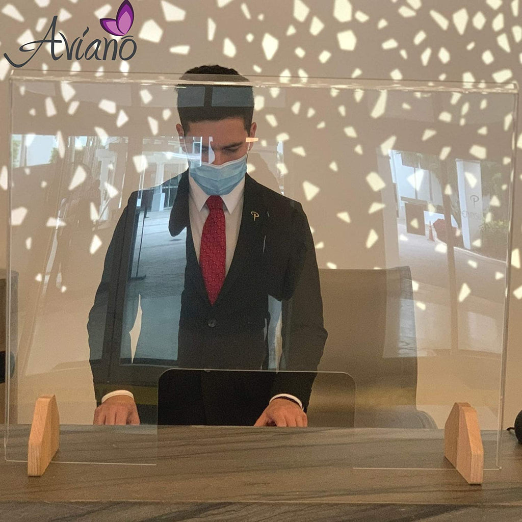 Sneeze Guard Plexiglass Shield for Counter –3 PACK Wooden Red Oak Bases and Transaction Window – 30 inches Wide by 23 inches Tall, Freestanding Protective Plastic Acrylic Barrier for Countertop Desk