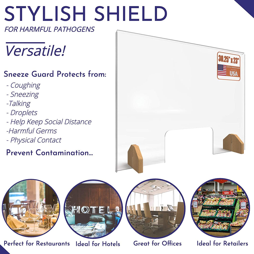 Sneeze Guard Plexiglass Shield for Counter –3 PACK Wooden Red Oak Bases and Transaction Window – 30 inches Wide by 23 inches Tall, Freestanding Protective Plastic Acrylic Barrier for Countertop Desk