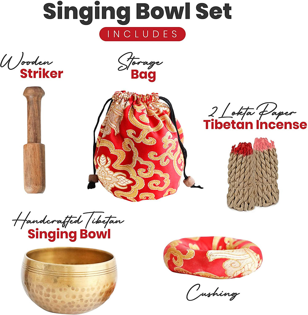 Tibetan Singing Bowl Set– with Lokta Rope Incense, 3.1 inch Authentic Handcrafted in Nepal – Meditation, Yoga, Chakra, Healing, Mindfulness