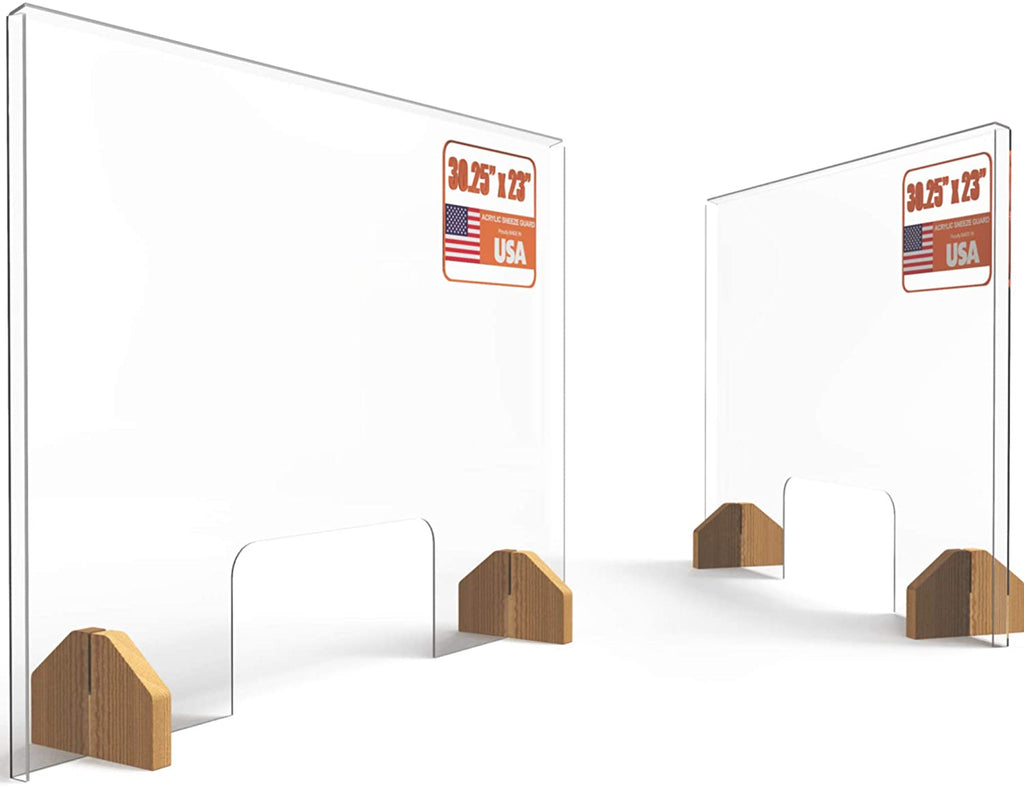 Sneeze Guard Plexiglass Shield for Counter –2 PACK Wooden Red Oak Bases and Transaction Window – 30 inches Wide by 23 inches Tall, Freestanding Protective Plastic Acrylic Barrier for Countertop Desk