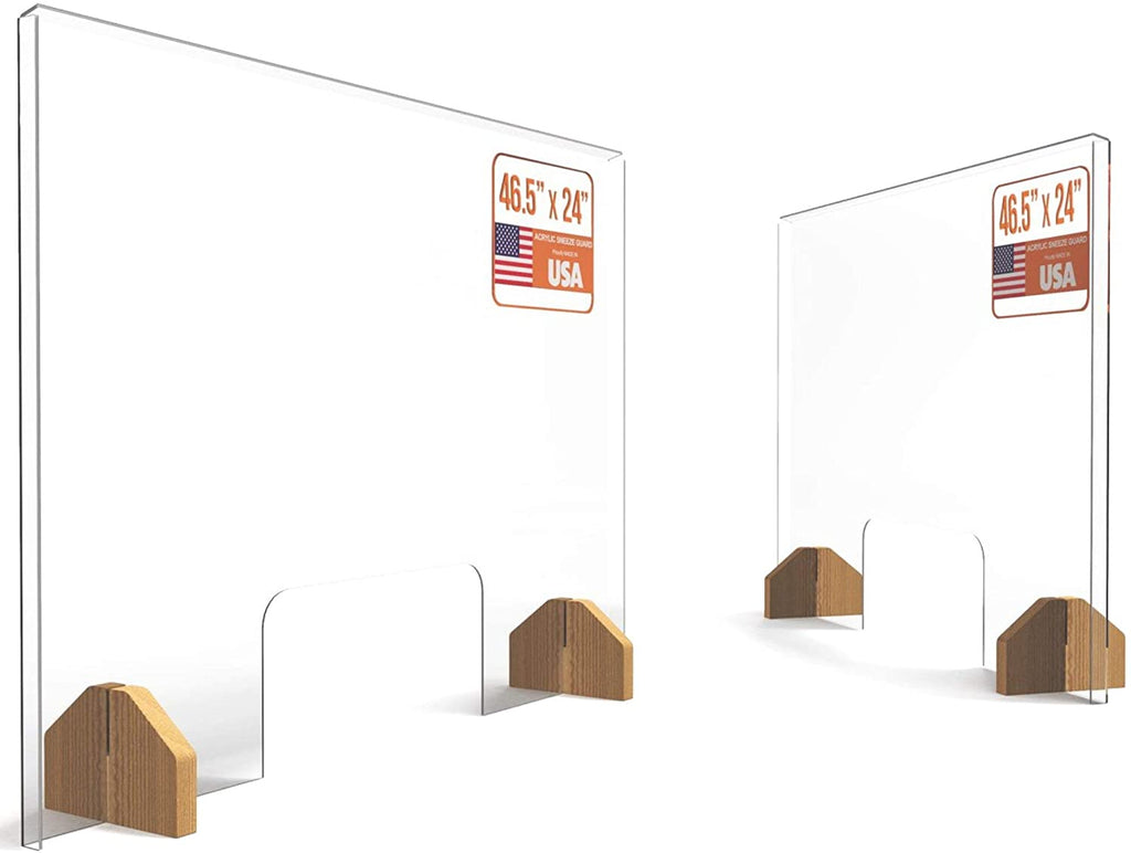 Sneeze Guard Plexiglass Shield for Counter –2 Pack Wooden Bases and Transaction Window –46.5 inches Wide by 24 inches Tall, Freestanding Protective Plastic Acrylic Barrier for Countertop and Desk