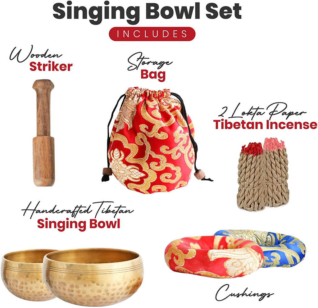 Tibetan Singing Bowl Set– 2 Bowls with Lokta Rope Incense, 4 inches and 3.1 inches Authentic Handcrafted in Nepal – Meditation, Yoga, Chakra, Healing, Mindfulness