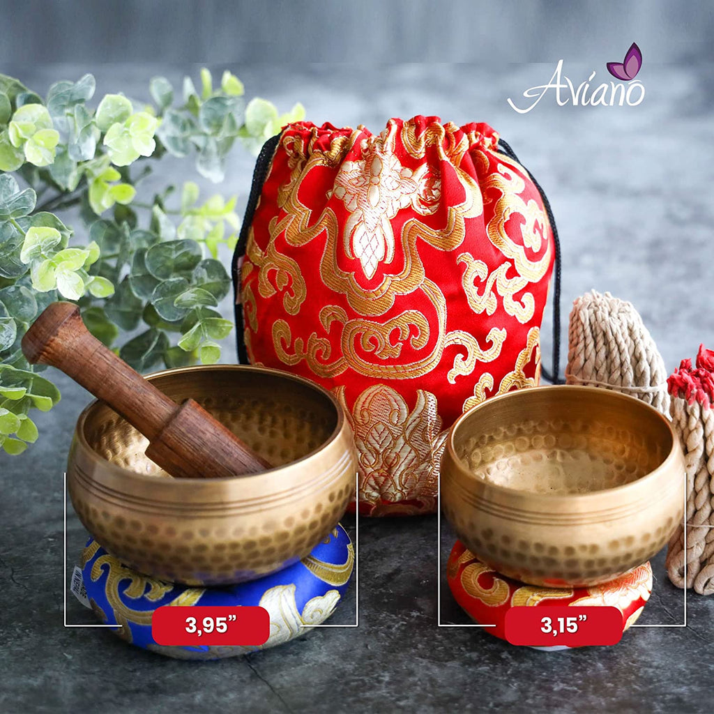 Tibetan Singing Bowl Set– 2 Bowls with Lokta Rope Incense, 4 inches and 3.1 inches Authentic Handcrafted in Nepal – Meditation, Yoga, Chakra, Healing, Mindfulness
