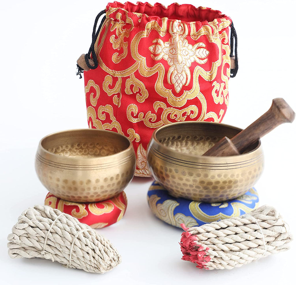 Tibetan Singing Bowl Set– 2 Bowls with Lokta Rope Incense, 4 inches and 3.1 inches Authentic Handcrafted in Nepal – Meditation, Yoga, Chakra, Healing, Mindfulness