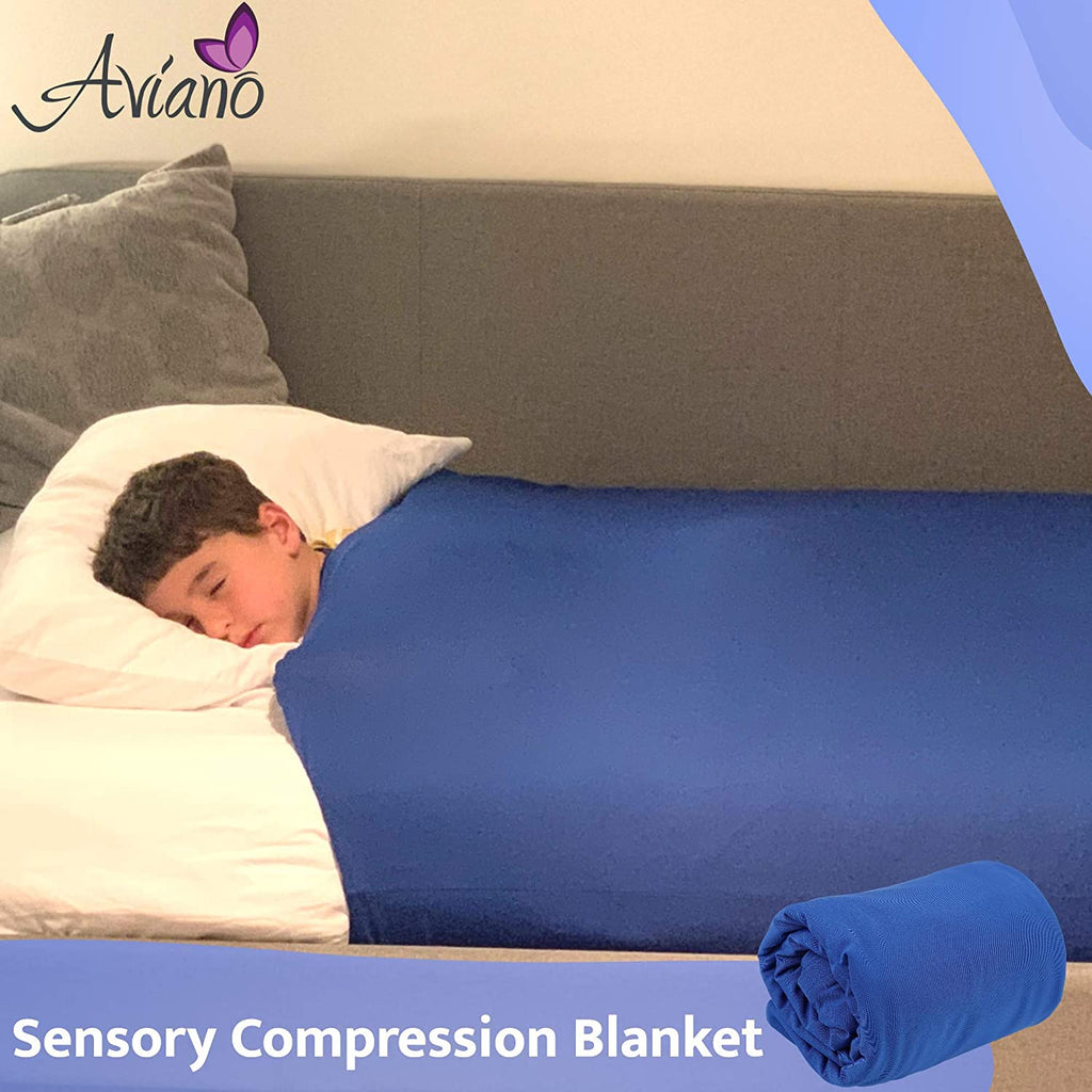 Wave Light Projector for Autism Sensory Toys –Bundle with Blue Compression Sensory Blanket –Features 7 Sensory Lights, 6 Relaxing Sounds with AUX Cable– LED Color Stimulation for Autism Gifts