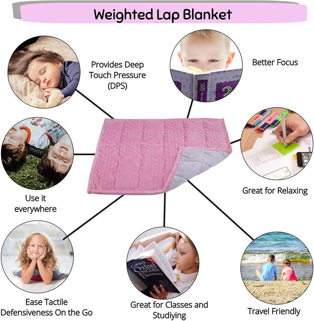Weighted Lap Pad for Kids Blanket – 5 Lbs. Bundled with Fidget Marble Maze – Sensory Tools, Sensory Weighted Lap Blanket, (Pink/Gray)