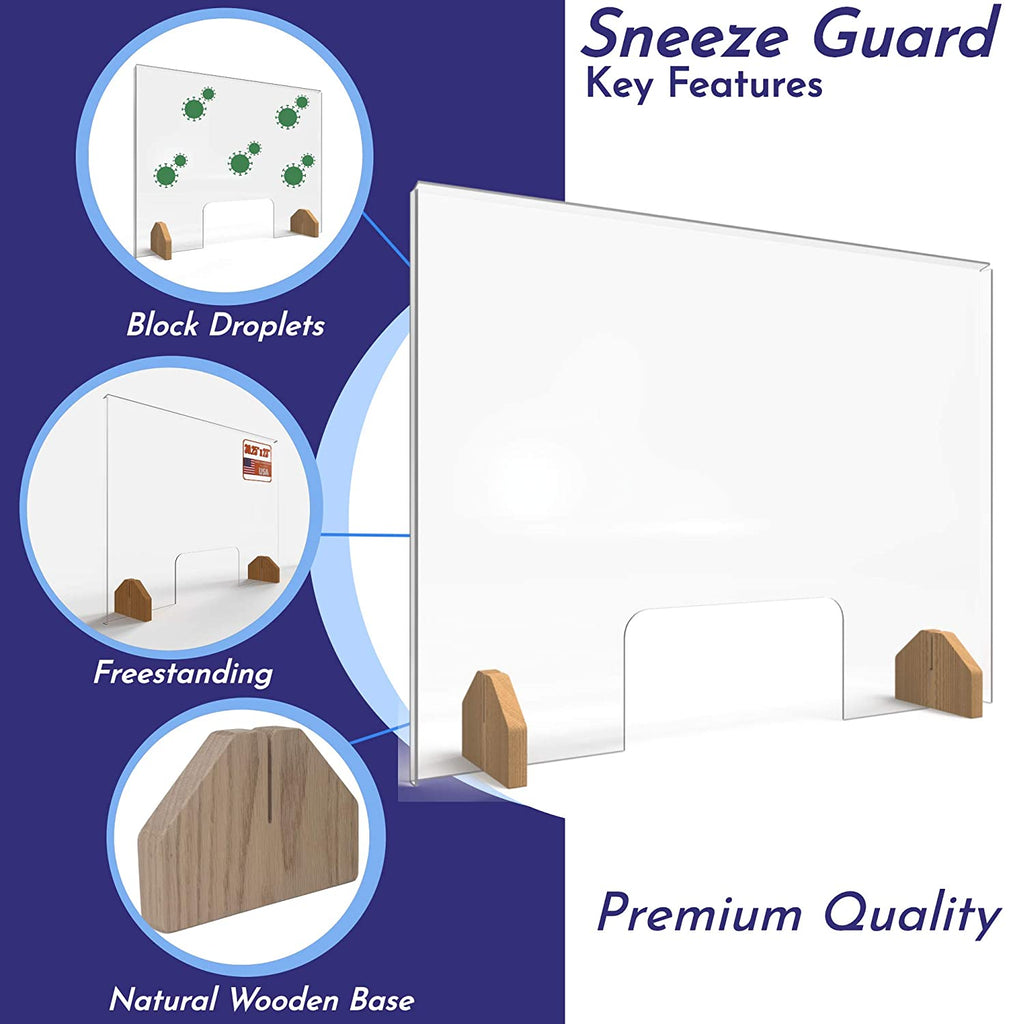 Sneeze Guard Plexiglass Shield for Counter –3 PACK Wooden Red Oak Bases and Transaction Window – 30 inches Wide by 23 inches Tall, Freestanding Protective Plastic Acrylic Barrier for Countertop Desk