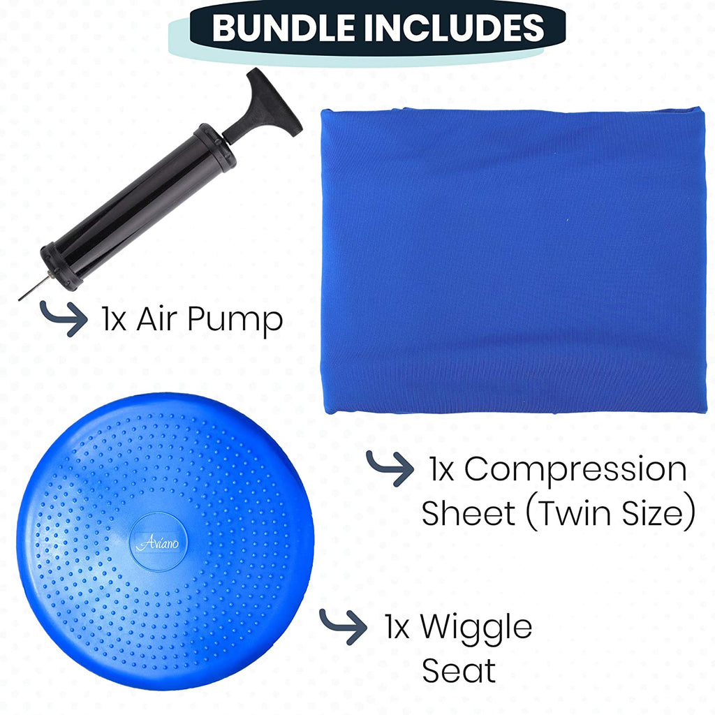 Sensory Compression Blanket for Kids – Plus Wobble Seat Cushion, Breathable Compression Sheet Twin and Wiggle Disc, Sensory Sheets for Focus and Sleep for Autism, Sensory Processing Disorder ADHD Blue