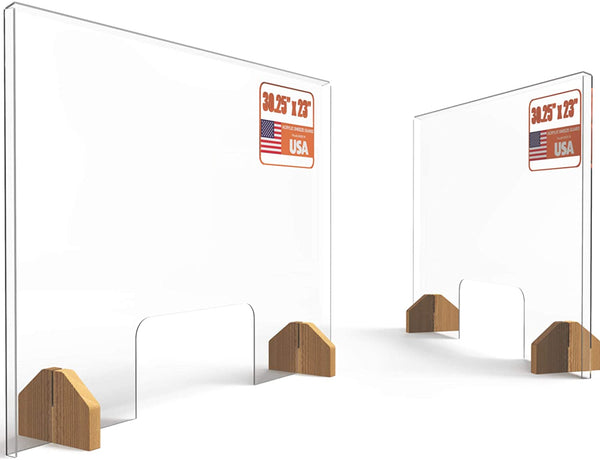 Sneeze Guard Plexiglass Shield for Counter –2 PACK Wooden Red Oak Bases and Transaction Window – 30 inches Wide by 23 inches Tall, Freestanding Protective Plastic Acrylic Barrier for Countertop Desk