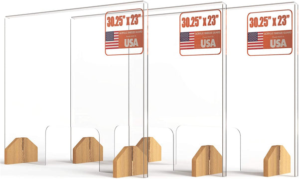 Sneeze Guard Plexiglass Shield for Counter –3 PACK Wooden Red Oak Bases and Transaction Window – 30 inches Wide by 23 inches Tall, Freestanding Protective Plastic Acrylic Barrier for Countertop Desk