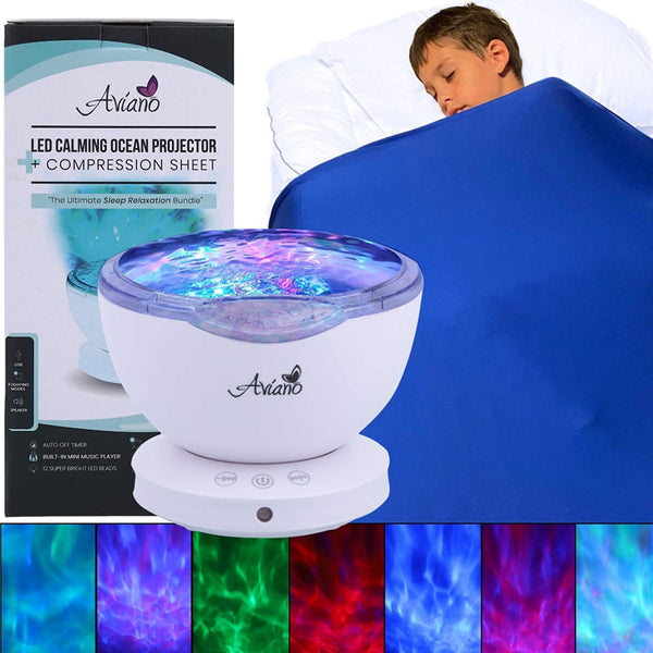 Wave Light Projector for Autism Sensory Toys –Bundle with Blue Compression Sensory Blanket –Features 7 Sensory Lights, 6 Relaxing Sounds with AUX Cable– LED Color Stimulation for Autism Gifts