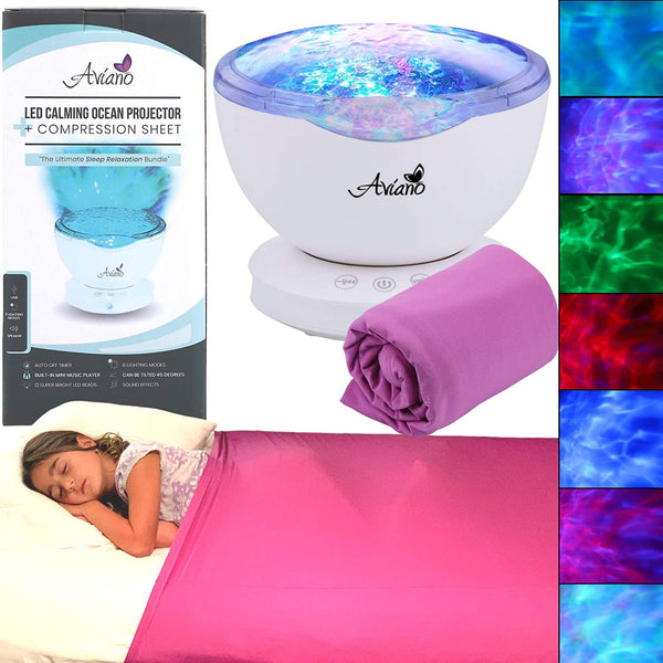 Wave Light Projector for Autism Sensory Toys –Bundle with Purple Compression Sensory Blanket –Features 7 Sensory Lights, 6 Relaxing Sounds with AUX Cable– LED Color Stimulation for Autism Gifts